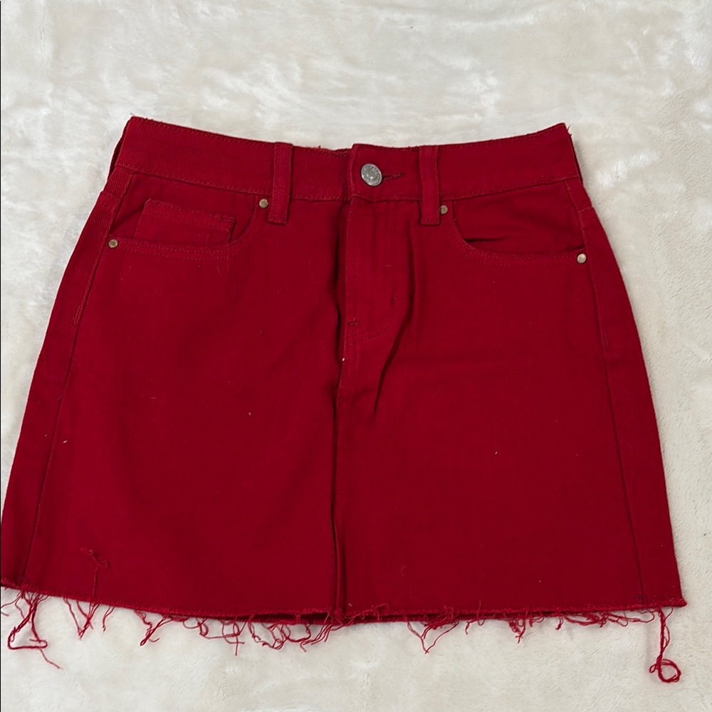 Vibrant Red Denim Skirt with Raw Hem
